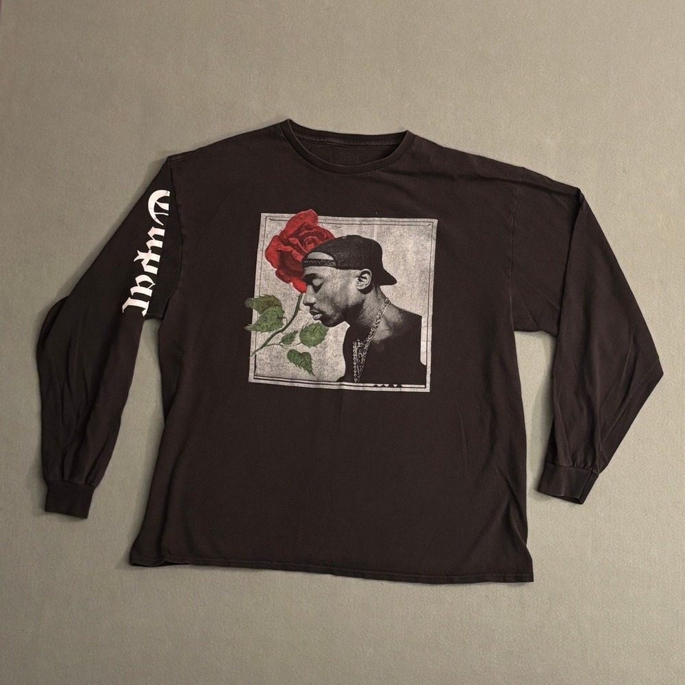 Tupac 2-PAC Shakur Rose Long Sleeve Shirt Black Mens Rap Hip Hop Streetwear L